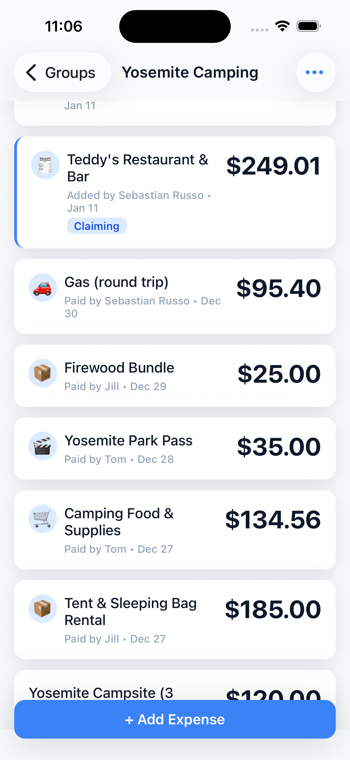 Group detail view showing expenses